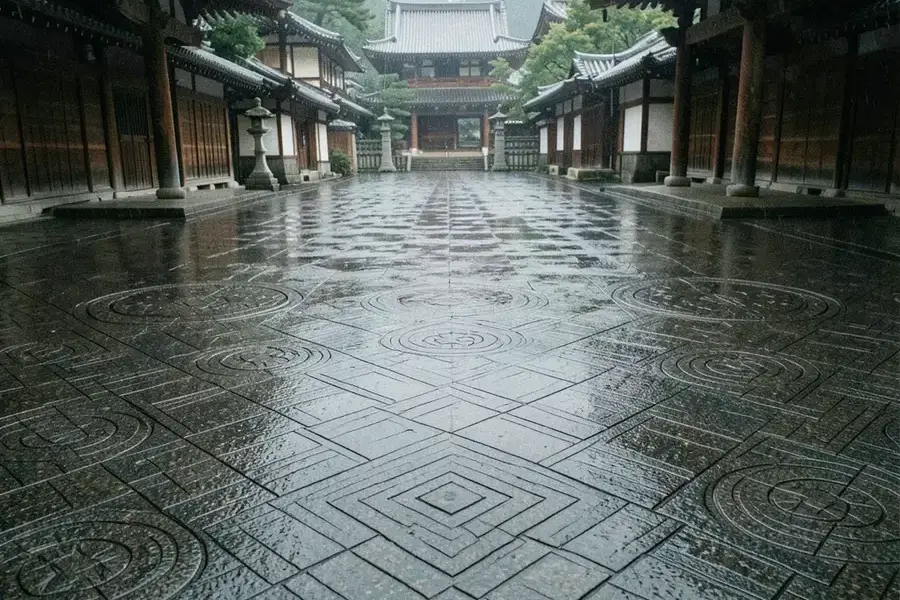 完成した幾何学模様のブロック舗装